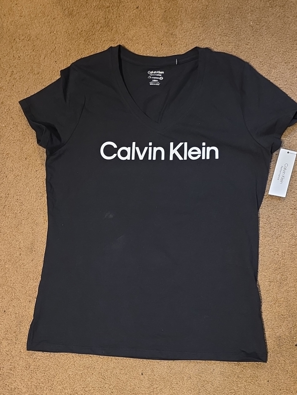 Calvin Klein Black V-Neck Logo Tee with White Script